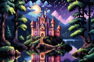 16bit, portrait of a cute beautiful colorful mini castle in the forest and lake, moonlight, pixeld mini king and queen, pixeled reflections and refractions,  cute fireworks, cute mini pixeled people, ultra detailed, high quality, highres, vivid background, pixel style, very well formed pixels, cube-perfect, 