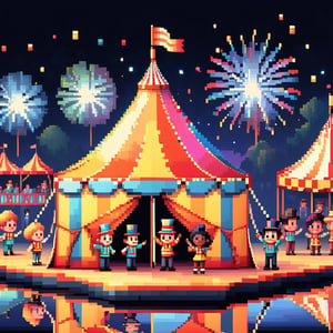 16bit, portrait of a cute beautiful colorful mini circus tent, pixeled reflections,  cute fireworks, cute small people, ultra detailed, high quality, highres, vivid background, ,pixel style, very well formed pixels, cube-perfect, 