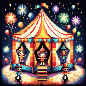 16bit, portrait of a cute beautiful colorful mini circus tent, pixeled reflections and refractions,  cute fireworks, cute small people, ultra detailed, high quality, highres, vivid background, ,pixel style, very well formed pixels, cube-perfect, 