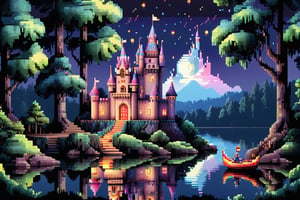 16bit, portrait of a cute beautiful colorful mini castle in the forest and lake, moonlight, pixeld mini king and queen at doors, pixeled reflections and refractions,  cute fireworks, cute mini pixeled people around it, celebration, party, princess wedding, ultra detailed, high quality, highres, vivid background, pixel style, very well formed pixels, cube-perfect, 