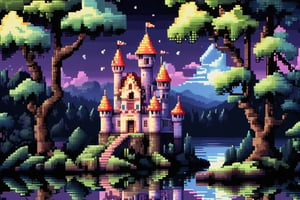 16bit, portrait of a cute beautiful colorful mini castle in the forest and lake, moonlight, pixeld mini king and queen, pixeled reflections and refractions,  cute fireworks, cute mini pixeled people, ultra detailed, high quality, highres, vivid background, pixel style, very well formed pixels, cube-perfect, 