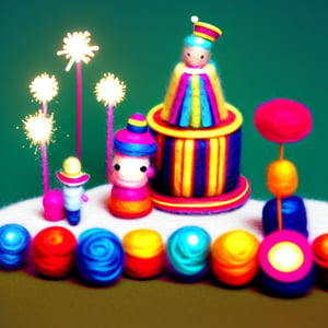cinestill, miniwool portrait of a cute beautiful colorful circus, depth of field, cute fireworks, cute small people, ultra detailed, high quality, highres, vivid background, 