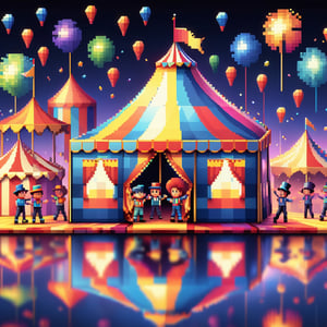 16bit, portrait of a cute beautiful colorful mini circus tent, pixeled reflections and refractions,  cute fireworks, cute small people, ultra detailed, high quality, highres, vivid background, ,pixel style, very well formed pixels, cube-perfect, 