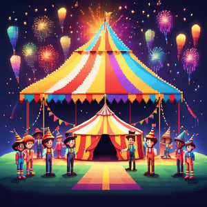 16bit, portrait of a cute beautiful colorful mini circus tent, depth of field, cute fireworks, cute small people, ultra detailed, high quality, highres, vivid background, ,pixel style