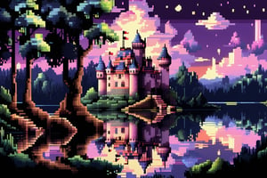 16bit, portrait of a cute beautiful colorful mini castle in the forest and lake, moonlight, pixeld mini king and queen, pixeled reflections and refractions,  cute fireworks, cute mini pixeled people, ultra detailed, high quality, highres, vivid background, pixel style, very well formed pixels, cube-perfect, 