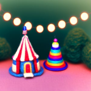 cinestill, miniwool portrait of a cute beautiful colorful circus tent, depth of field, cute fireworks, cute small people, ultra detailed, high quality, highres, vivid background, 
