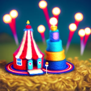 cinestill, miniwool portrait of a cute beautiful colorful circus tent, depth of field, cute fireworks, cute small people, ultra detailed, high quality, highres, vivid background, 