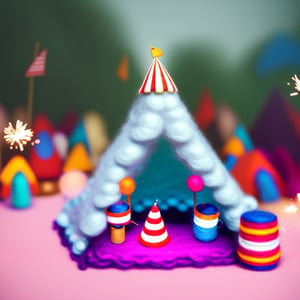 cinestill, miniwool portrait of a cute beautiful colorful circus tent, depth of field, cute fireworks, cute small people, ultra detailed, high quality, highres, vivid background, 