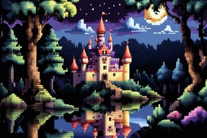 16bit, portrait of a cute beautiful colorful mini castle in the forest and lake, moonlight, pixeld mini king and queen, pixeled reflections and refractions,  cute fireworks, cute mini pixeled people, ultra detailed, high quality, highres, vivid background, pixel style, very well formed pixels, cube-perfect, 