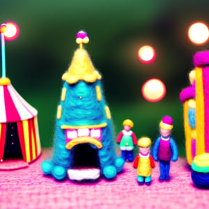 cinestill, miniwool portrait of a cute beautiful colorful circus tent, depth of field, cute fireworks, cute small people, ultra detailed, high quality, highres, vivid background, 