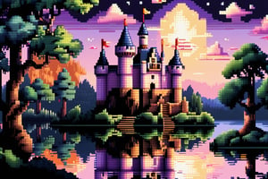 16bit, portrait of a cute beautiful colorful mini castle in the forest and lake, moonlight, pixeld mini king and queen, pixeled reflections and refractions,  cute fireworks, cute mini pixeled people, ultra detailed, high quality, highres, vivid background, pixel style, very well formed pixels, cube-perfect, 