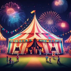 cinestill, miniwool portrait of a cute beautiful colorful circus tent, depth of field, cute fireworks, cute small people, ultra detailed, high quality, highres, vivid background, ,pixel style