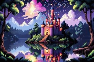 16bit, portrait of a cute beautiful colorful mini castle in the forest and lake, moonlight, pixeld mini king and queen, pixeled reflections and refractions,  cute fireworks, cute mini pixeled people, ultra detailed, high quality, highres, vivid background, pixel style, very well formed pixels, cube-perfect, 