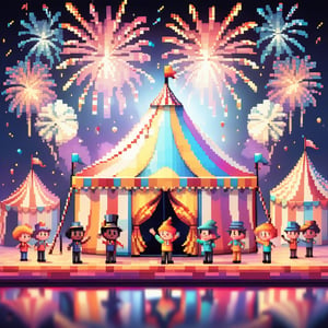 16bit, portrait of a cute beautiful colorful mini circus tent, pixeled reflections and refractions,  cute fireworks, cute small people, ultra detailed, high quality, highres, vivid background, ,pixel style, very well formed pixels, cube-perfect, 