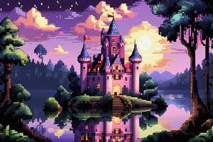 16bit, portrait of a cute beautiful colorful mini castle in the forest and lake, moonlight, pixeld mini king and queen, pixeled reflections and refractions,  cute fireworks, cute mini pixeled people, ultra detailed, high quality, highres, vivid background, pixel style, very well formed pixels, cube-perfect, 