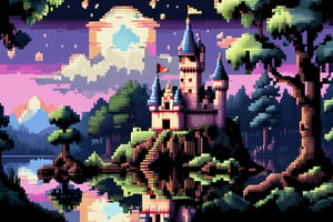 8bit, portrait of a cute beautiful colorful mini castle in the forest and lake, moonlight, pixeld mini king and queen, pixeled reflections and refractions,  cute fireworks, cute mini pixeled people, ultra detailed, high quality, highres, vivid background, ,pixel style, very well formed pixels, cube-perfect, 