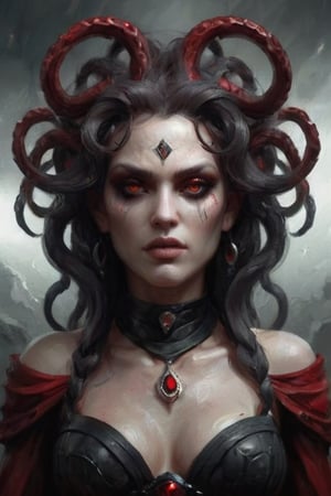 Antagonist Medusa with gems of mist mad gaze, dark deception, cinematic in Greg Rutkowski style, horrific , Trending on Artstation, Red and Black 