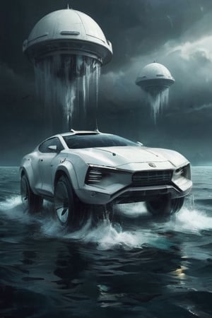 a white car driving through water, in the style of futuristic spacecraft design, eerie landscapes, ocean academia, elaborate spacecrafts, somber mood, nikita veprikov, lovecraftian