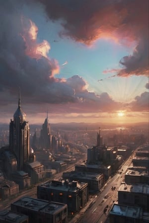 Cyberpunk Huge Town in Peaceful Weather, Sunset, Fancy Clouds, UHD, 4k,Hori