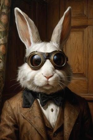 rabbit in an oak lined room wearing goggles over his eyes, in the style of realistic hyper-detailed portraits, meticulously detailed still life, andrea kowch, futuristic victorian, large canvas paintings, baroque animals, furry art