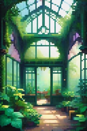 An abandoned Victorian greenhouse overgrown with lush, exotic plants in the heart of a mystical forest. The style is reminiscent of Claude Monet, Visual Novel, Pastel Art, Splatter Paint, emphasizing natural beauty and detailed flora. Lighting is soft and ethereal, casting a magical glow with a palette of deep greens, earthy browns, and subtle golds. The composition mimics a wide-angle lens, offering a grand, expansive view of the greenhouse's intricate ironwork and the surrounding forest's mystery against an emerald background 