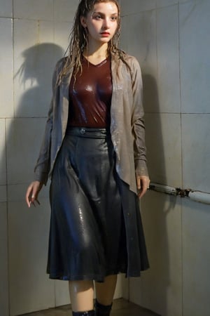 xxmixgirl, 1 woman, detailed face, detailed indoor background, standing in the room, completely wet, wet hair, dramatic lighting by Bill Sienkiewicz, 1940s tight fitting summer longskirt, wool pantyhose, furcoat, boots, wet clothes, heavy rain,tiedbreastsblue, wet clothes, wet hair, wet , ,Pakistani dress