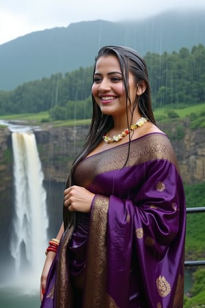 (wet clothes, wet hair, wet face, wet skin, slimed cloth, :1.4)

A smiling Norwegian woman is wearing a traditional Kanjivaram silk saree, completely drenched by the rain, as she stands at the edge of a majestic cliff, overlooking a roaring waterfall. The saree is a deep violet with an ornate gold border featuring lotus motifs. She has draped the saree over her left shoulder and wrapped it tightly around her right shoulder, holding it firmly as the wind sweeps through. Her accessories include red glass bangles, a gold ring, and a jasmine garland necklace, with her long, wet black hair adorned with jasmine flowers, blowing gently in the breeze. Behind her, the powerful waterfall cascades down into a misty valley, surrounded by lush greenery and towering mountains. Rain pours down continuously, soaking both her and the landscape, with the wet saree clinging to her form and accentuating its rich, intricate designs. The dramatic lighting enhances the natural beauty of the scene, while the roar of the waterfall and the misty air create a sense of awe and serenity..

. 

 Close-up shot, 4K, RAW, masterpiece, soakingwetclothes, wetlook, high definition, luxury wet fashion photography, professional news studio atmosphere.,Fetishwet,Enhanced all,Wetfetish