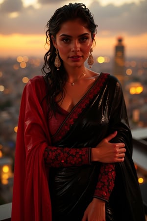 (Wet clothes, wet hair, wet skin:1.2) A sophisticated young woman with an elegant style, attending a high-end rooftop soirée. She is wearing a sleek black traditional saree with red embroidery, long sleeve embroidery blouse and, red shawl, stiletto heels, and diamond earrings.
The setting is a luxurious rooftop with a panoramic city view, sparkling lights in the background. The camera uses a close-up shot with a 70mm lens, highlighting the elegance of her attire and the shimmering skyline. The lighting is soft and golden, with the warm glow of the sunset reflecting off
her dress. The image is in 6K resolution, capturing the refined details of her outfit and the glamour of the evening event, ek_ph0t0_b00ster
,
,,Realistic.,, ,soakingwetclothes, wet clothes, wet hair, wet,,3/4 body image ,wet cloths cling to body,Wet,covered in oil,covered in mud,wam,wetlook, Fetishwet