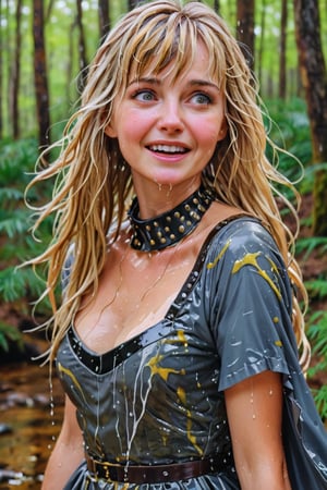 An concept art of an ethereal wet irish alchemist , portrait of a beautiful woman. . closeup of a mature blonde woman with bangs blue and gold camo colored ballgown, she's in a forest looking happy, blushing, leather dog collar, dripping wet hair, ,Masterpiece,white tiled background,, wet skin, wet face, wet heavy dress, 
(masterpiece, top quality, best quality, official art, beautiful and aesthetic:1.2), extreme detailed, highest detailed, ,Masterpiece,Color Booster,wet hair,, wet robe, layered dress, face focused
,soakingwetclothes,art_booster,wagasa,oil-paper,score_9,oil paint 