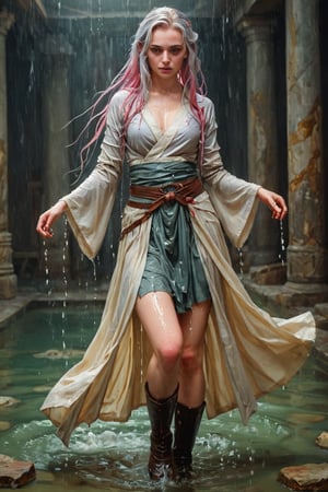 breathtaking RAW photo of wet female ((THigh quality concept art portrait featuring a fantastic and beautiful and fair 18 years old whit wet Silver pink hair and Hazel eyes Caucasian o lot of color Elven women(Bella Delphine) whit drawn on weathered parchment, using lord of the rings or dungeons and dragons, character sheet, perfect wet anatomy, parchment serves as a canvas decorated with ancient runes, made by hand. sketches drawn, by Boris Vallejo, high details, )), dark and moody style, perfect wet face, outstretched perfect hands . masterpiece, professional, award-winning, intricate details, ultra high detailed, 64k, dramatic light, volumetric light, dynamic lighting, Epic, splash art .. ), by james jean $, roby dwi antono $, ross tran $. francis bacon $, michal mraz $, adrian ghenie $, petra cortright $, gerhard richter $, takato yamamoto $, ashley wood, tense atmospheric, , , , sooyaaa,IMGFIX,Comic Book-Style,Movie Aesthetic,action shot,photo r3al,bad quality image,oil painting, cinematic moviemaker style,Japan Vibes,H effect,koh_yunjung ,koh_yunjung,kwon-nara,sooyaaa,colorful,bones,,armor,han-hyoju-xl ,DonMn1ghtm4reXL, ct-fujiii ,oiran,furisode,ct-jeniiii, ct-goeuun,yaya, HanFu,golden kimono,kamado nezuko,sword maiden,theresa apocalypse,koling,ct-rosseeiiee,ct-rosseeiiee,ct-virtual,((soakingwetclothes, wet clothes, wet hair, wet skin, :1.3)),soakingwetclothes,, wet skin, wet face, wet ballgown, boots, wet robe, layered longskirt, face focused
,soakingwetclothes,art_booster,indian