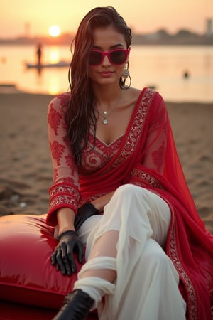 (Wet clothes, wet hair, wet skin:1.2) Capture an enchanting image of a soaking wet cute girl seated gracefully on an oversized, plush cushion. Her outfit is quintessential sleek white traditional saree with red embroidery, long sleeve embroidery blouse and, red shawl, stiletto heels, and diamond earrings. . She wears pink-rimmed glasses that add a touch of whimsy to her look. Her ensemble includes wet hair paired with delicate black lace wet gloves, and she completes the look with stylish platform shoes featuring elegant ribbons.

. The camera uses a close-up shot with a 70mm lens, highlighting the elegance of her attire and the shimmering skyline. The lighting is soft and golden, with the warm glow of the sunset reflecting off
her dress. The image is in 6K resolution, capturing the refined details of her outfit and the glamour of the evening event, ek_ph0t0_b00ster
,
,,Realistic.,, ,soakingwetclothes, wet clothes, wet hair, wet,,3/4 body image ,wet cloths cling to body,Wet,covered in oil,covered in mud,wam,wetlook, Fetishwet