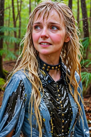 An concept art of an ethereal wet irish alchemist , portrait of a beautiful woman. . closeup of a mature wet blonde woman with wet bangs blue and gold camo colored wet ballgown, she's in a forest looking happy, blushing, leather dog collar, dripping wet hair, ,Masterpiece,white tiled background,, wet skin, wet face, wet heavy dress, 
(masterpiece, top quality, best quality, official art, beautiful and aesthetic:1.2), extreme detailed, highest detailed, ,Masterpiece,Color Booster,wet hair,, wet robe, layered dress, face focused
,soakingwetclothes,art_booster,wagasa,oil-paper,score_9,oil paint 