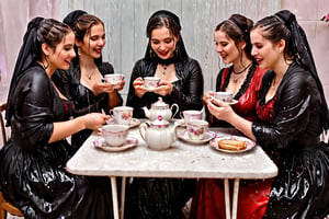 Captured in a single take with a real 50mm lens, this stunning photo showcases four women gathered for an indoor tea party amidst a torrential downpour. Donning gothic peasant dresses and winter shawls, they sit amidst the chaos, their faces aglow as they engage in conversation over steaming cups and saucers. Water-drenched hair clings to their skin as oil glistens on wet clothes, while phones lay scattered around them, forgotten in the midst of laughter and connection. Each woman's face is a masterpiece, with beautiful detailed eyes, lips, and features that seem almost three-dimensional. Long eyelashes frame their gaze, which shines softly against the serene expression, like a work of art come to life. Every fold of their clothing, every glint of jewelry, and every detail of the background seems meticulously crafted, as if plucked from a painter's canvas. (((wet clothes, wet hair, wet skin, wet, soaked, clothes cling to skin:1.2)),soakingwetclothes