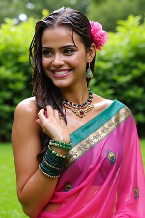 (wet clothes, wet hair, wet face, wet skin, slimed cloth, :1.4)

A soking wet woman smiling while wearing a wet traditional Indian saree. The wet saree is a rich pink color with a teal green border featuring peacock motifs in gold. The wet woman is accessorized with green glass bangles, a gold ring, and a floral necklace. She has long, wavy wet black hair adorned with wet pink flowers on the side. The background is a lush, green outdoor setting with trees and soft natural lighting, creating a serene and vibrant atmosphere.

. 

 Close-up shot, 4K, RAW, masterpiece, soakingwetclothes, wetlook, high definition, luxury wet fashion photography, professional news studio atmosphere.,Fetishwet,Enhanced all,Wetfetish