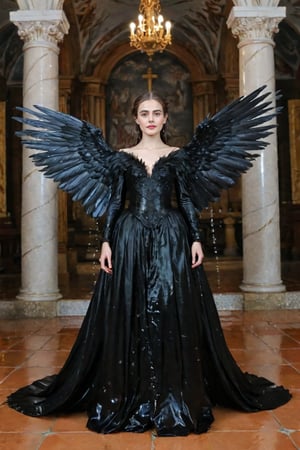 A girl wearing a long black wedding dress, church, baroque style, detailed feathers, huge wings, full body, big scene, super realistic,soakingwetclothes, wet clothes, wet hair, wet skin, wet, soaked.