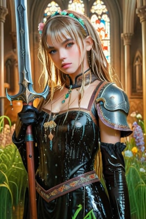masterpiece, official art, ((ultra detailed)), (ultra quality), high quality, perfect face, 1 girl with long hair, blond-green hair with bangs, bronze eyes, detailed face, wearing a fancy ornate (((folk dress))), shoulder armor, armor, glove, hairband, hair accessories, striped, (wet clothes, wet hair, wet skin, holding the great weapon:1.37), jewelery, thighhighs, pauldrons, side slit, capelet, vertical stripes, looking at viewer, fantastical and ethereal scenery, daytime, church, grass, flowers. Intricate details, extremely detailed, incredible details, full colored, complex details, hyper maximalist, detailed decoration, detailed lines, best quality, HDR, dynamic lighting, perfect anatomy, realistic, more detail,
,Architectural100,style,soakingwetclothes