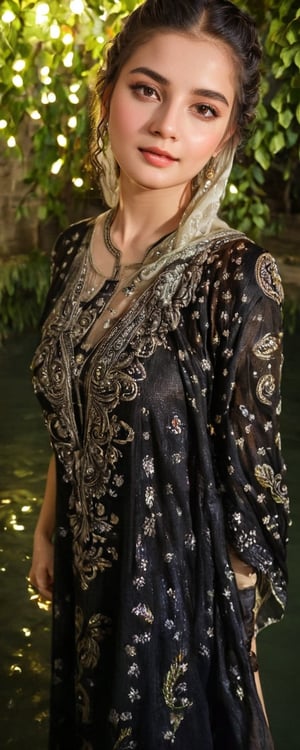 (best quality,8K,highres,masterpiece,raw image), ultra-detailed, featuring a beautiful young wet woman adorned in a realistic detailed wet long embroidery designer  dress shirts shawl that emits a soft, ethereal light. Her flowy black chignon wet hair appears to be infused with the same radiant wet glow. eye contact,kind wet smile, lipgloss, The well lit backdrop consists of glowing grapes, in water, colorful,colorful,soakingwetclothes,Pakistani dress