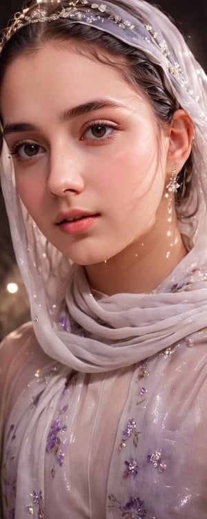 (best quality,8K,highres,masterpiece,raw image), ultra-detailed, featuring a beautiful young wet woman adorned in a realistic detailed wet designer  dress shirts shawl that emits a soft, ethereal light. Her flowy black chignon wet hair appears to be infused with the same radiant wet glow. eye contact,kind wet smile, lipgloss, The well lit backdrop consists of glowing grapes, colorful,colorful,soakingwetclothes,Pakistani dress