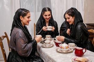 Captured in a single take with a real 50mm lens, this stunning photo showcases four women gathered for an indoor tea party amidst a torrential downpour. Donning gothic peasant dresses and winter shawls, they sit amidst the chaos, their faces aglow as they engage in conversation over steaming cups and saucers. Water-drenched hair clings to their skin as oil glistens on wet clothes, while phones lay scattered around them, forgotten in the midst of laughter and connection. Each woman's face is a masterpiece, with beautiful detailed eyes, lips, and features that seem almost three-dimensional. Long eyelashes frame their gaze, which shines softly against the serene expression, like a work of art come to life. Every fold of their clothing, every glint of jewelry, and every detail of the background seems meticulously crafted, as if plucked from a painter's canvas. (((wet clothes, wet hair, wet skin, wet, soaked, clothes cling to skin:1.2)),soakingwetclothes