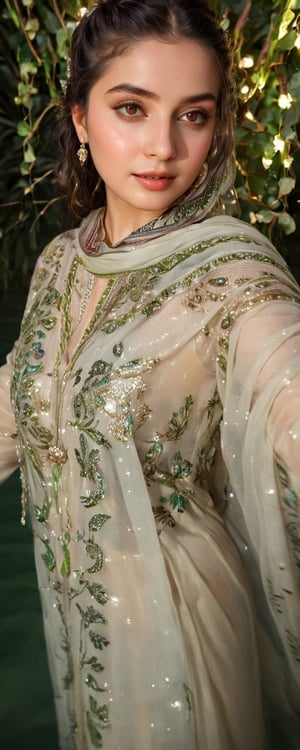 (best quality,8K,highres,masterpiece,raw image), ultra-detailed, featuring a beautiful young wet woman adorned in a realistic detailed wet long embroidery designer  dress shirts shawl that emits a soft, ethereal light. Her flowy black chignon wet hair appears to be infused with the same radiant wet glow. eye contact,kind wet smile, lipgloss, The well lit backdrop consists of glowing grapes, in water, colorful,colorful,soakingwetclothes,Pakistani dress