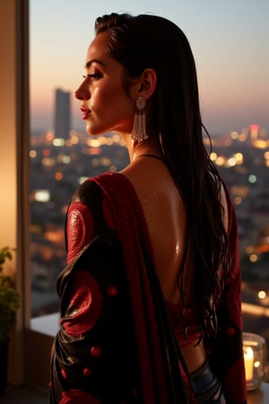 (Wet clothes, wet hair, wet skin:1.2) A sophisticated young woman with an elegant style, attending a high-end rooftop soirée. She is wearing a sleek black traditional saree with red embroidery, long sleeve embroidery blouse and, red shawl, stiletto heels, and diamond earrings.
The setting is a luxurious rooftop with a panoramic city view, sparkling lights in the background. The camera uses a close-up shot with a 70mm lens, highlighting the elegance of her attire and the shimmering skyline. The lighting is soft and golden, with the warm glow of the sunset reflecting off
her dress. The image is in 6K resolution, capturing the refined details of her outfit and the glamour of the evening event, ek_ph0t0_b00ster
,
,,Realistic.,, ,soakingwetclothes, wet clothes, wet hair, wet,,3/4 body image ,wet cloths cling to body,Wet,covered in oil,covered in mud,wam,wetlook, Fetishwet