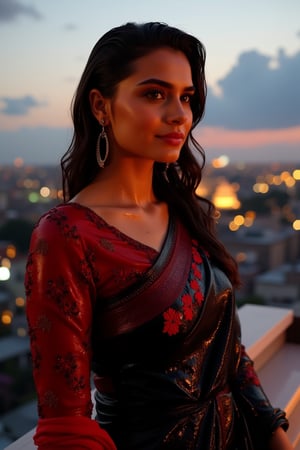 (Wet clothes, wet hair, wet skin:1.2) A sophisticated young woman with an elegant style, attending a high-end rooftop soirée. She is wearing a sleek black traditional saree with red embroidery, long sleeve embroidery blouse and, red shawl, stiletto heels, and diamond earrings.
The setting is a luxurious rooftop with a panoramic city view, sparkling lights in the background. The camera uses a close-up shot with a 70mm lens, highlighting the elegance of her attire and the shimmering skyline. The lighting is soft and golden, with the warm glow of the sunset reflecting off
her dress. The image is in 6K resolution, capturing the refined details of her outfit and the glamour of the evening event, ek_ph0t0_b00ster
,
,,Realistic.,, ,soakingwetclothes, wet clothes, wet hair, wet,,3/4 body image ,wet cloths cling to body,Wet,covered in oil,covered in mud,wam,wetlook, Fetishwet