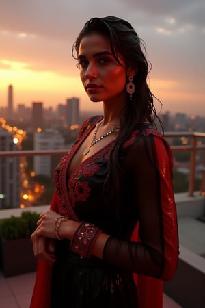 (Wet clothes, wet hair, wet skin:1.2) A sophisticated young woman with an elegant style, attending a high-end rooftop soirée. She is wearing a sleek black traditional saree with red embroidery, long sleeve embroidery blouse and, red shawl, stiletto heels, and diamond earrings.
The setting is a luxurious rooftop with a panoramic city view, sparkling lights in the background. The camera uses a close-up shot with a 70mm lens, highlighting the elegance of her attire and the shimmering skyline. The lighting is soft and golden, with the warm glow of the sunset reflecting off
her dress. The image is in 6K resolution, capturing the refined details of her outfit and the glamour of the evening event, ek_ph0t0_b00ster
,
,,Realistic.,, ,soakingwetclothes, wet clothes, wet hair, wet,,3/4 body image ,wet cloths cling to body,Wet,covered in oil,covered in mud,wam,wetlook, Fetishwet