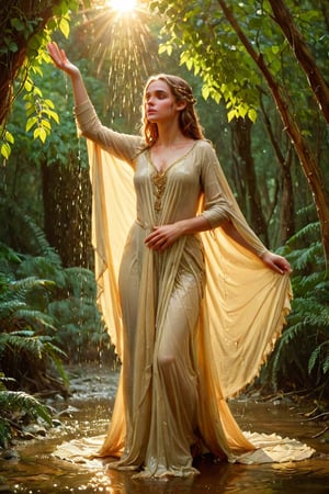 In a dappled, ancient forest ruin, an Elf Princess stands tall, her staff raised high as beams of warm sunlight filter through the trees, casting a golden halo around her regal figure. Her revealing, enchanted clothing shimmers in the soft light, while lush foliage and vines surround her, creating a lush environment. The camera captures a sharp focus on the princess's face, with the rule of thirds composition placing her at the intersection of two diagonals. Shot during the golden hour, the scene exudes an ethereal mood, inviting the viewer to step into this mystical realm., ,fantasy,better_hands,leonardo,angelawhite,Enhance (), ((wet clothes, victorian ballgown, ,((heavy rain, beautiful faces, soakingwetclothes, wet clothes, wet hair, wet skin, clothes cling to skin, drapped with wet cloak:1.3)),soakingwetclothes,, wet skin, wet face, wet robe,, face focused , soakingwetclothes,art_booster,indian,OnlySaree_Style,,hoopdress,Pakistani dress,saree,saree influencer,saree model