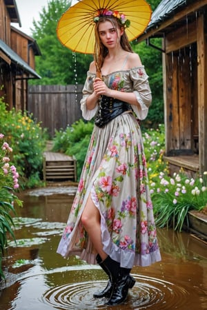 An concept art of an ethereal wet irish alchemist , portrait of a beautiful woman. .A wet girl wearing a wet floral dress, a flowered hat, and holding a flower buket. Capturing the essence of Manet's 'Spring', dripping wet hair, ,Masterpiece,Half-timbered Construction,, wet skin, wet face, wet heavy longskirt, boots,  .
(masterpiece, top quality, best quality, official art, beautiful and aesthetic:1.2), extreme detailed, highest detailed, ,Masterpiece,Color Booster,wet hair, wet heavy longskirt, boots, wet robe, layered longskirt, face focused
,soakingwetclothes,art_booster,wagasa,oil-paper umbrella