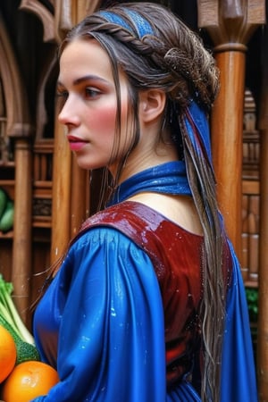 masterpiece, official art, ((ultra detailed)), (ultra quality), high quality, perfect wet face, A wet medieval girl in traditional wet dress, vegetables and fruits, at a farmer's market, mysterious medieval, masterpiece,High detailed,CrclWc,Detail,Half-timbered Construction,INK art,, (wet clothes, wet hair, wet skin,:1.37),. Intricate details, extremely detailed, incredible details, full colored, complex details, hyper maximalist, detailed decoration, detailed lines, best quality, HDR, dynamic lighting, perfect anatomy, realistic, more detail,
,Architectural100,style,soakingwetclothes