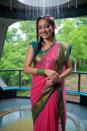 (wet clothes, wet hair, wet face, wet skin, slimed cloth, :1.4)

A smiling Norwegian woman is wearing a traditional Indian saree, completely soaked by the rain. The rich pink saree with a teal green border adorned with golden peacock motifs clings to her as she stands confidently in an otherworldly setting. She has draped the saree over her left shoulder and wrapped it around her right, holding it tightly. Her accessories include green glass bangles, a gold ring, and a floral necklace. Her long, wavy black hair, wet and adorned with pink flowers, adds to the surreal atmosphere. The background is a mix of a lush, green outdoor environment with trees, and the deck of a futuristic spaceship filled with advanced control panels and holographic displays. Rain pours from an open hatch above, soaking both her and the intricate fabric. The wet saree clings to her form, while the vibrant natural setting contrasts with the futuristic spaceship. Rainwater drips onto the sleek metal floor, emphasizing the fusion of traditional and high-tech elements, creating an elegant, surreal atmosphere

. 

 Close-up shot, 4K, RAW, masterpiece, soakingwetclothes, wetlook, high definition, luxury wet fashion photography, professional news studio atmosphere.,Fetishwet,Enhanced all,Wetfetish