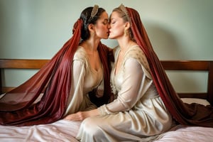 (wet clothes, wet hair, wet, wet face, wet skin, two girls kissing, shawl , wet veil,  A cinematic photo of a wet women in Victorian-style silk gowns and shawls, lying on another wet while they are sleeping together on a wet bed. Both of them are queens. They are making out and kissing. covered by a wet blanket. The dresses and shawls are wet and clinging to their bodies. ..: 1.4 ),(60s film , two wet lesbian making out session, A sultryMedium shot ,looking to the camera,   blonde deep wet kiss (wet brunnete doris day and grace kelly a 40-year-old wet woman). embraced full wet make up, The cinematic film still captures their intimate moment as they making out, wet drindl ballgown, wet royal cloak. they embrace each other against the backdrop of a luxurious coffeshop bathed in soft daylight, submerge,  hugging, wet hair, moist face:1.2)), infused with norwegian elements. The wet dress combines intricate lace and embroidery with colorful ballgown-inspired patterns. A wide obi belt cinches her waist, while puffed sleeves and delicate accessories complete the look, showcasing a striking fusion of cultures.,ct-drago
.
, soakingwetclothes, wet clothes, wet hair,photorealistic,georgian gown,18thcentury,Georgian gown,Pakistani dress