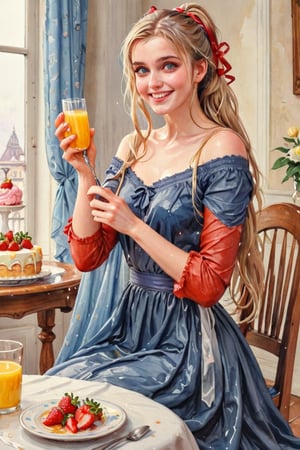 masterpiece, top quality, aesthetic, (watercolor style: 1.7), 1 woman, solo, long hair, looking at viewer, smiling, happy, open mouth, bangs, blue eyes, blonde hair, dress, long sleeves, off-shoulder dress, ribbon, holding, sitting, hair ribbon, , ponytail, :d, heart, frill, food, glass, straw, red ribbon, neck ribbon, fruit, chair, table, holding food, plate, orange juice, cake, strawberry, fork, holding fork,watercolor \(medium\),   wet hair, (), ((wet clothes, victorian ballgown, ,((heavy rain, beautiful faces, soakingwetclothes, wet clothes, wet hair, wet skin, clothes cling to skin, drapped with wet shawl:1.3)),soakingwetclothes,, wet skin, wet face, wet robe,, face focused , soakingwetclothes,art_booster,indian,OnlySaree_Style,,hoopdress,Pakistani dress,saree,saree influencer,saree model