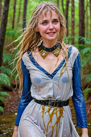 An concept art of an ethereal wet irish alchemist , portrait of a beautiful woman. . closeup of a mature wet blonde woman with wet bangs blue and gold camo colored wet ballgown, she's in a forest looking happy, blushing, leather dog collar, dripping wet hair, ,Masterpiece,white tiled background,, wet skin, wet face, wet heavy dress, 
(masterpiece, top quality, best quality, official art, beautiful and aesthetic:1.2), extreme detailed, highest detailed, ,Masterpiece,Color Booster,wet hair,, wet robe, layered dress, face focused
,soakingwetclothes,art_booster,wagasa,oil-paper,score_9,oil paint 